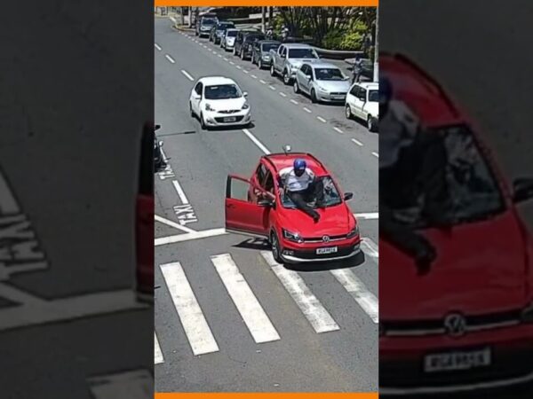 Câmera Flagra Motociclista voando por cima de carro após motorista frear para cachorro atravessar; veja