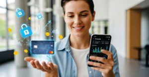 Mulher sorridente com cartão de crédito digital e smartphone, cercada por ícones de segurança e gráficos financeiros em ambiente moderno.
