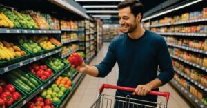 Cliente sorridente empurrando carrinho de compras em supermercado moderno, com prateleiras cheias e frutas frescas em destaque, ambiente iluminado.