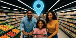 Família sorridente em supermercado moderno, com prateleiras de frutas, legumes e produtos, enquanto um marcador de GPS indica a localização do supermercado próximo.