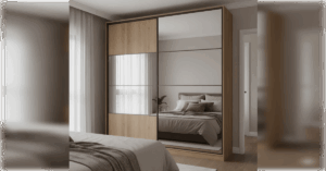 guarda roupa de casal com espelho grande em quarto moderno, modelo disponível na Magazine Luiza, destaque no espaço e organização
