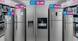Banner da Magazine Luiza com geladeiras Electrolux em promoção, mostrando modelos variados e preços como R$2.199, R$3.499 e R$6.899.