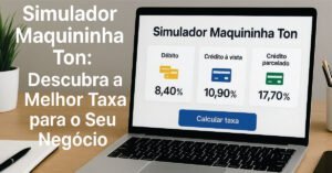 Simulador Maquininha Ton exibido em um notebook sobre uma mesa moderna, mostrando taxas de débito, crédito à vista e crédito parcelado.