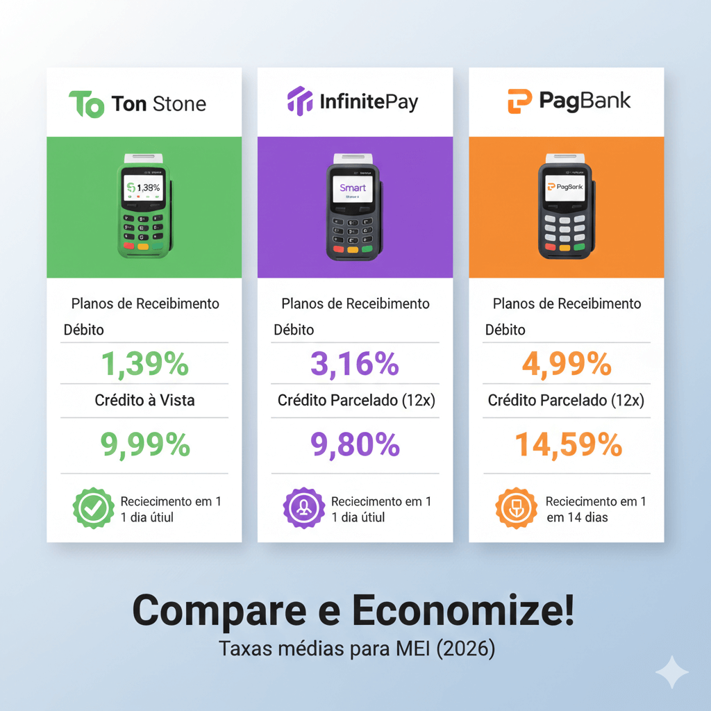 Infográfico comparativo de taxas de maquininhas de cartão, mostrando diferença entre recebimento imediato e parcelado, auxiliando no planejamento financeiro do MEI.