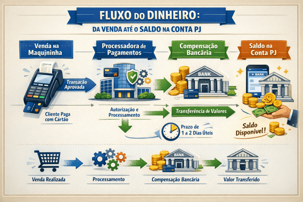 Infográfico explicando o fluxo do dinheiro desde a venda na maquininha de cartão até o saldo disponível na conta PJ