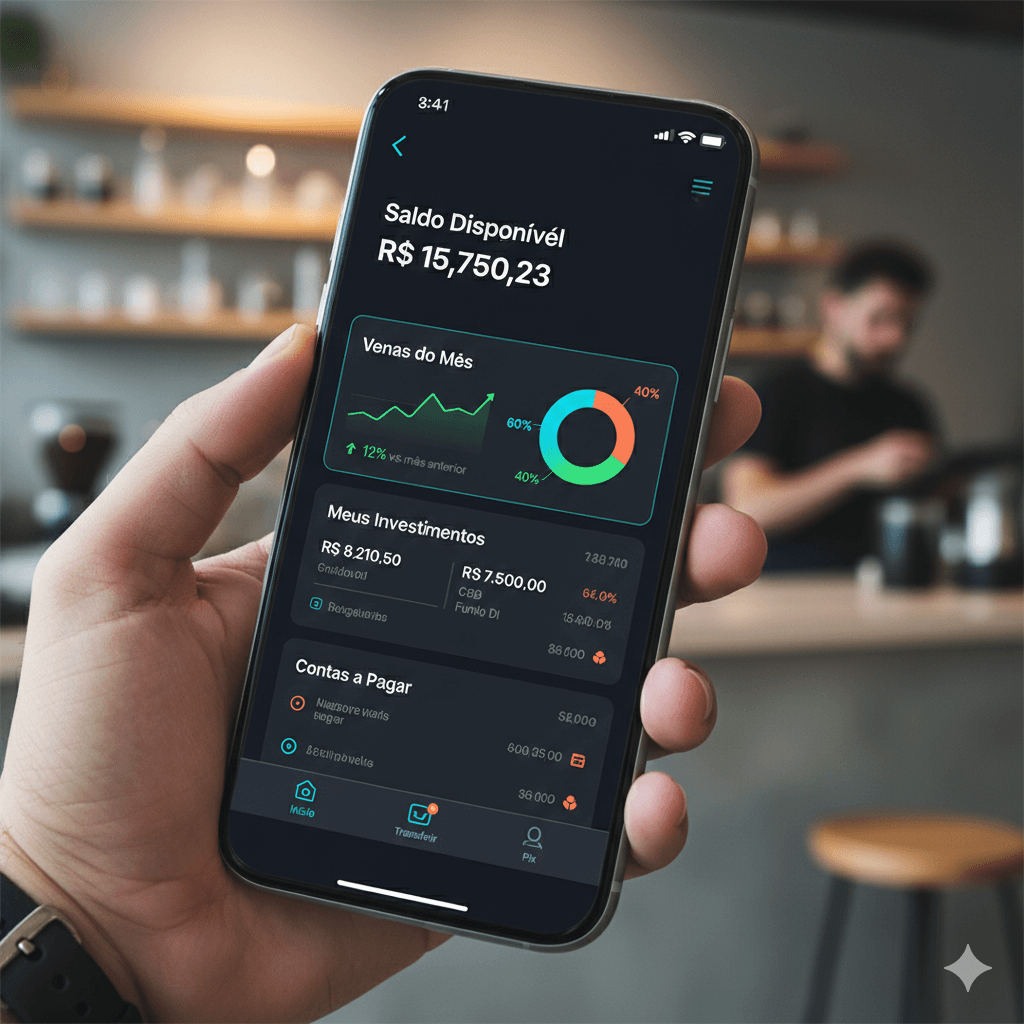 Interface de aplicativo financeiro em smartphone mostrando saldo da conta PJ, gráfico de crescimento de vendas e recursos para gestão financeira do microempreendedor.