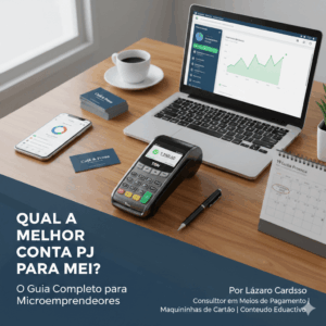 Mesa de escritório organizada com notebook exibindo gráficos de vendas, smartphone com aplicativo financeiro e maquininha de cartão em destaque, representando gestão financeira e escolha de conta PJ para MEI.