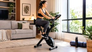 Pessoa pedalando bicicleta ergométrica dobrável em sala de estar moderna e iluminada