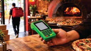 Maquininha Ton sendo usada em uma pizzaria brasileira com entregador de delivery ao fundo
