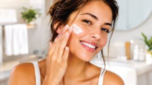 Mulher sorrindo enquanto aplica creme hidratante facial na bochecha